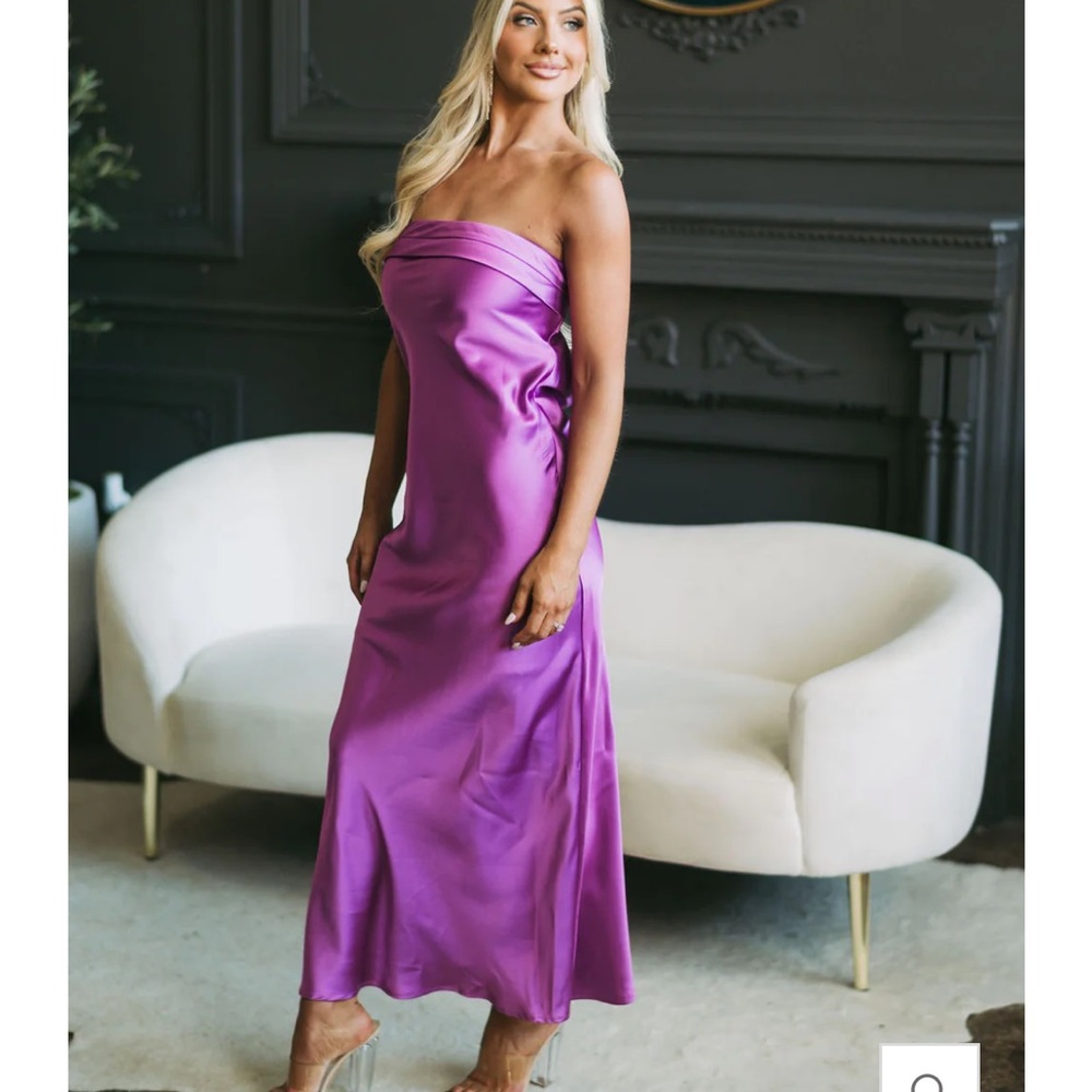 Satin Strapless Backless Midi Dress in Violet